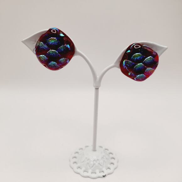 Artisan Iridescent Red Dichroic Glass Clip On Earrings Handmade Vintage Style - Picture 6 of 9